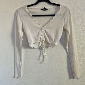 Forever 21 Cream Ribbed Tie Front Crop Blouse